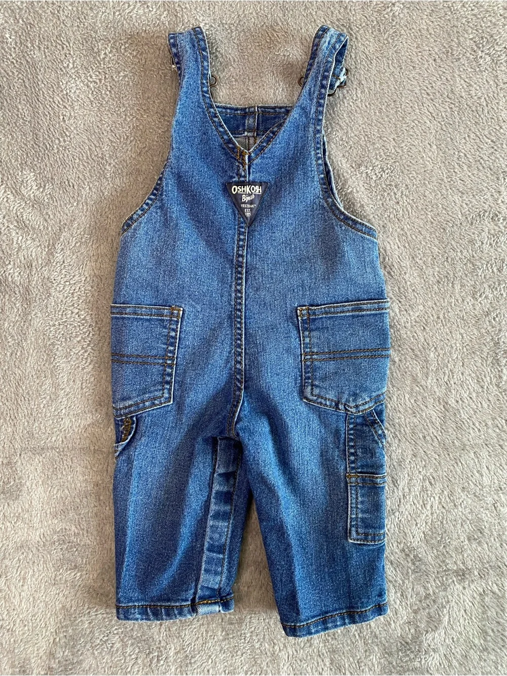 OshKosh B'gosh Classic Blue Denim Baby Overalls 6M Dark Wash Stretchy 90s Retro